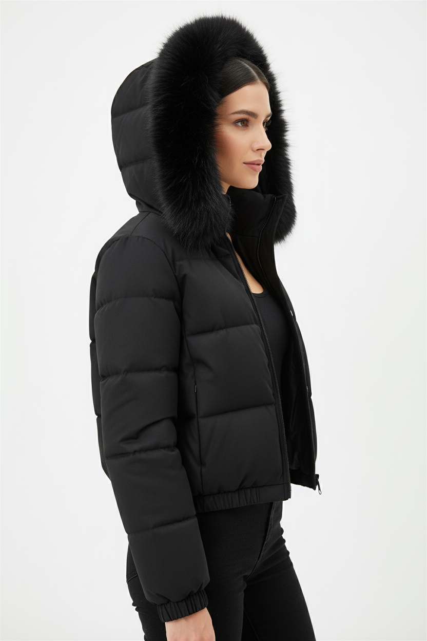 Jaqueta puffer preta - Vista lateral