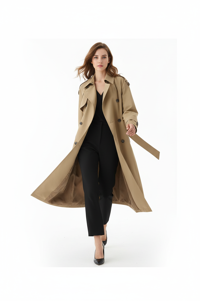 Modelo em casaco bege - pose dinâmica