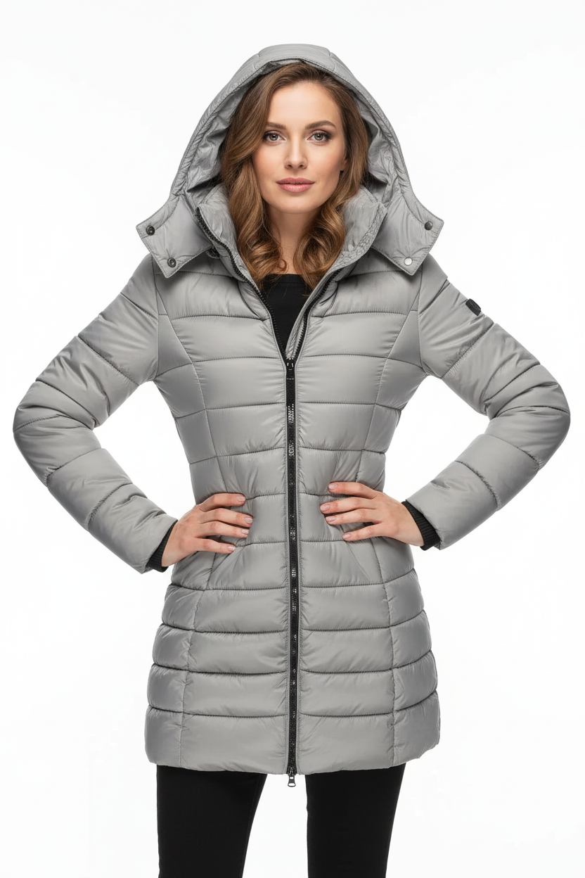 Modelo europeia usando casaco puffer cinza em estúdio