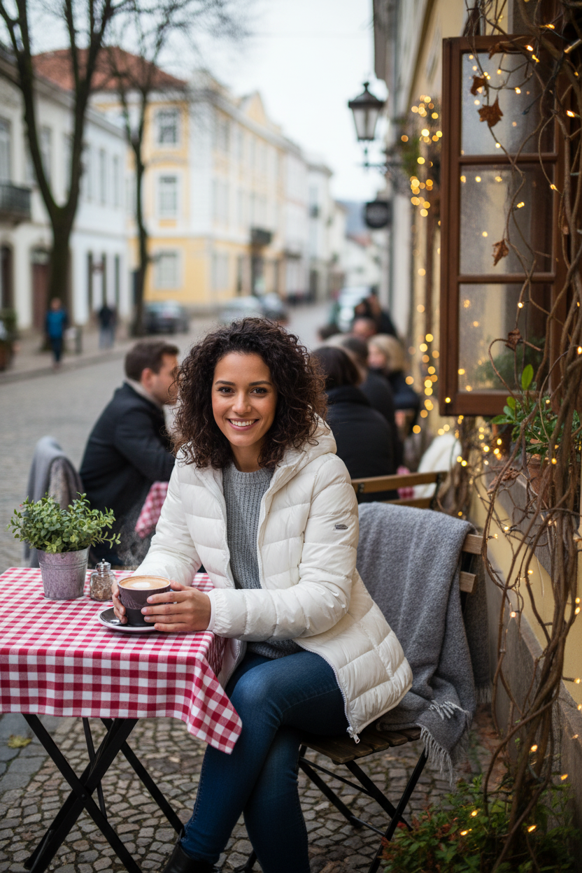 Mulher brasileira com jaqueta branca em café no sul