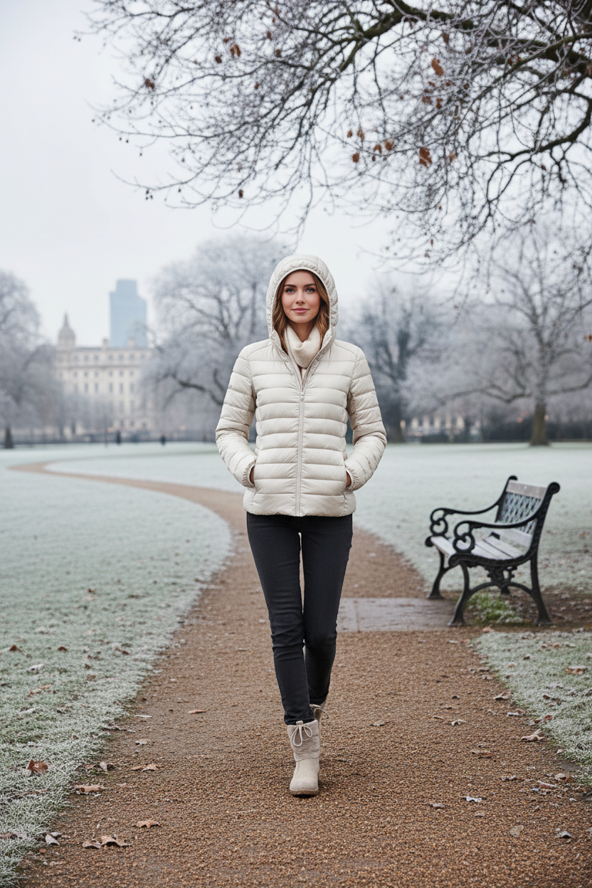 Mulher com jaqueta bege em parque de Londres