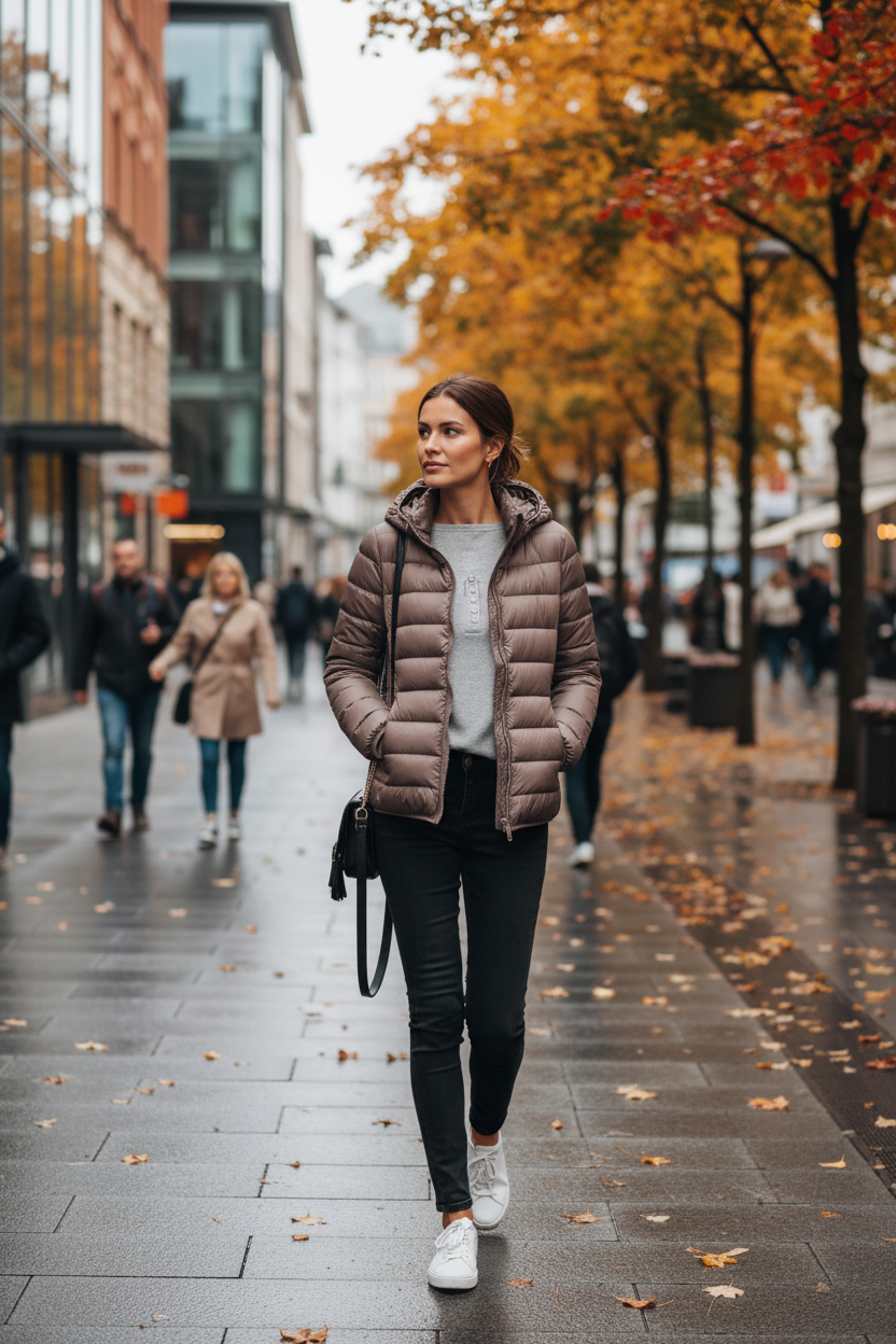 Mulher com jaqueta marrom na cidade