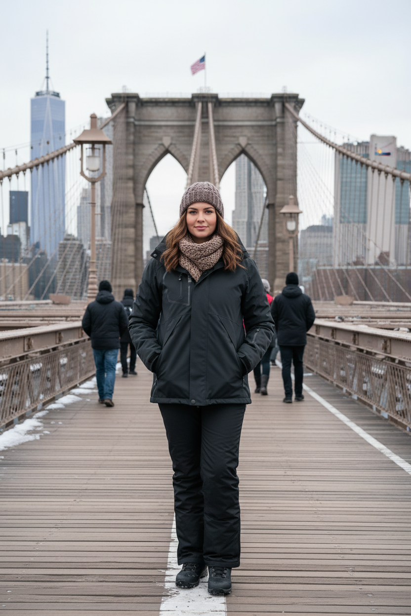 Mulher com jaqueta preta na Brooklyn Bridge