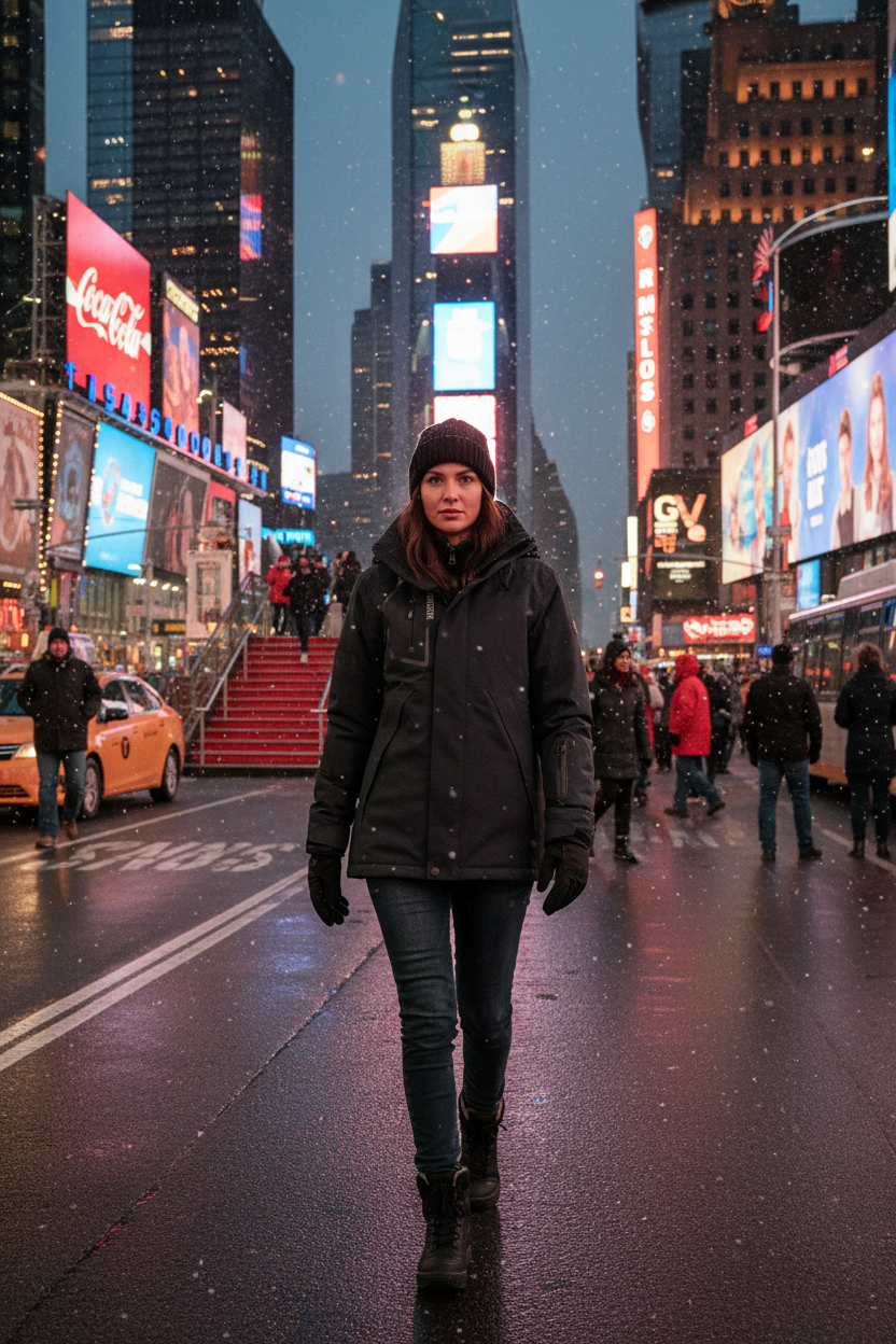 Mulher com jaqueta preta na Times Square
