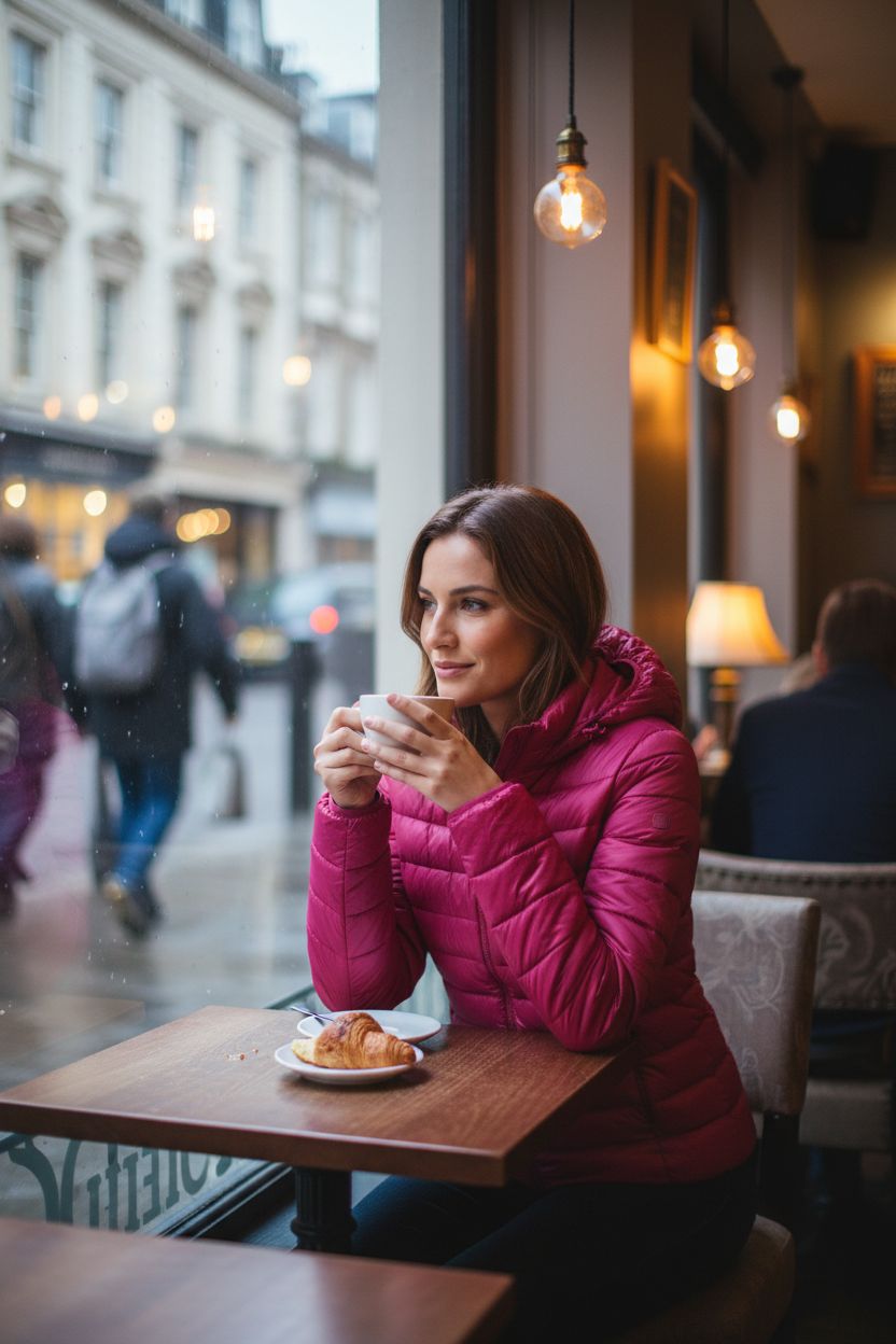 Mulher com jaqueta rosa em café londrino