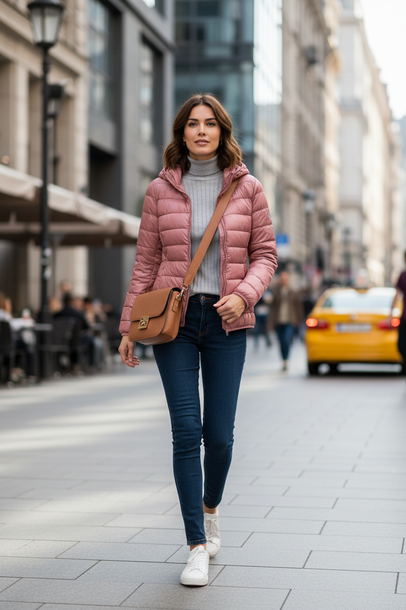 Mulher com jaqueta rosa na cidade