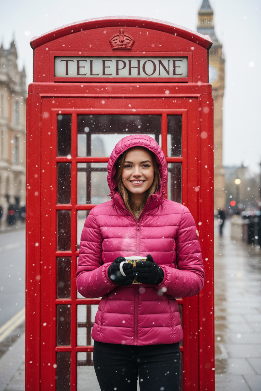 Mulher com jaqueta rosa perto de cabine telefônica