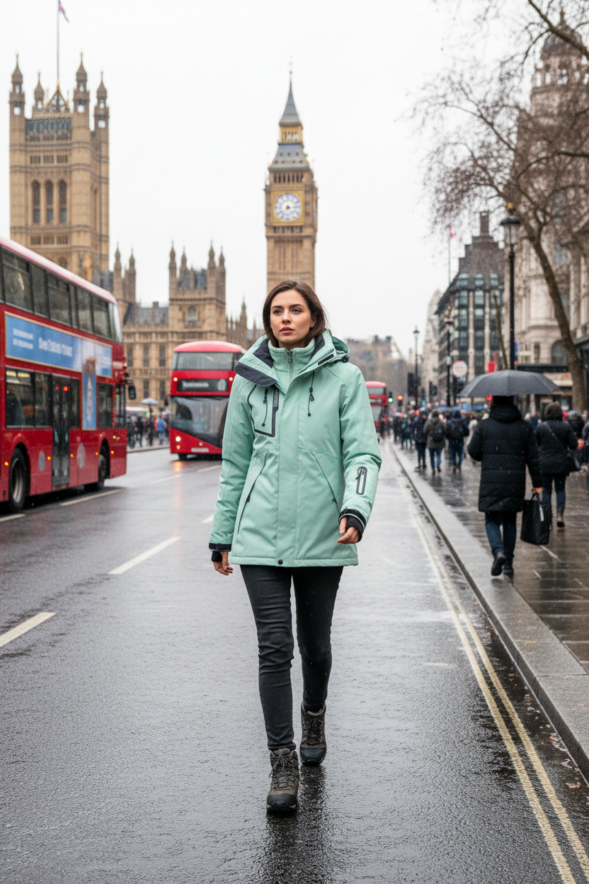 Mulher com jaqueta verde menta em Londres