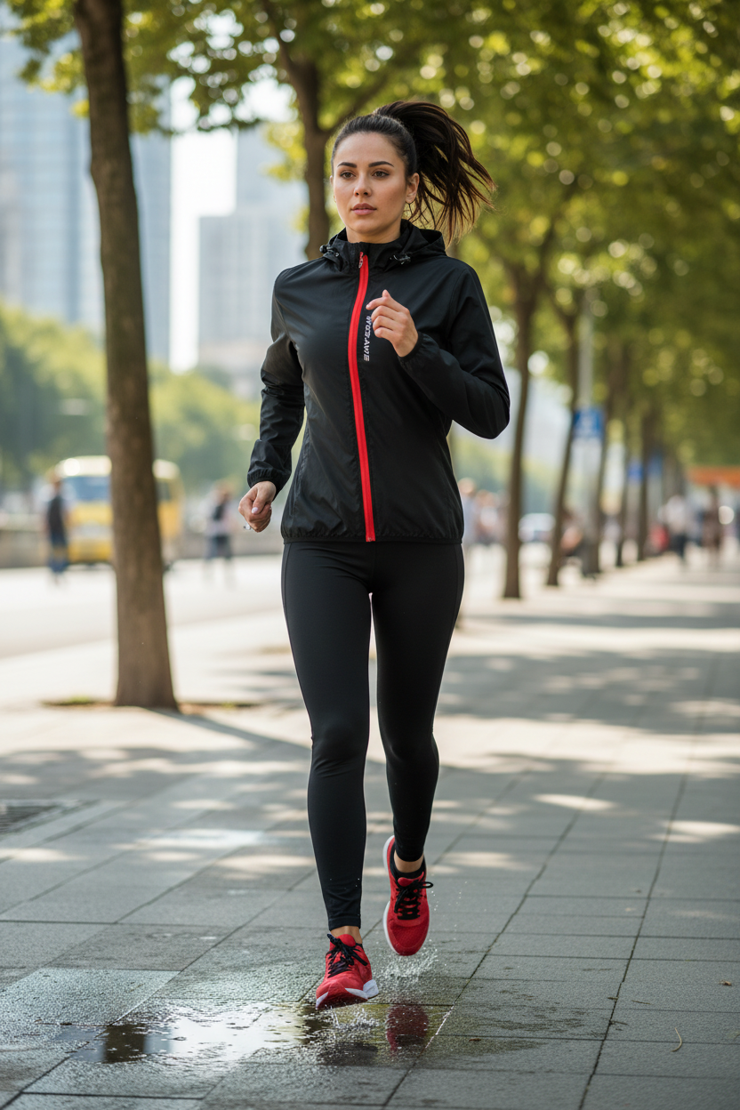 Mulher correndo com jaqueta preta e vermelha