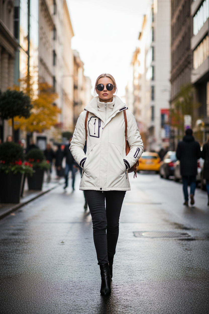 Mulher em cidade com jaqueta branca