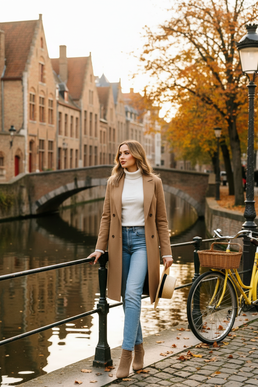 Mulher europeia usando casaco camel em cenário romântico