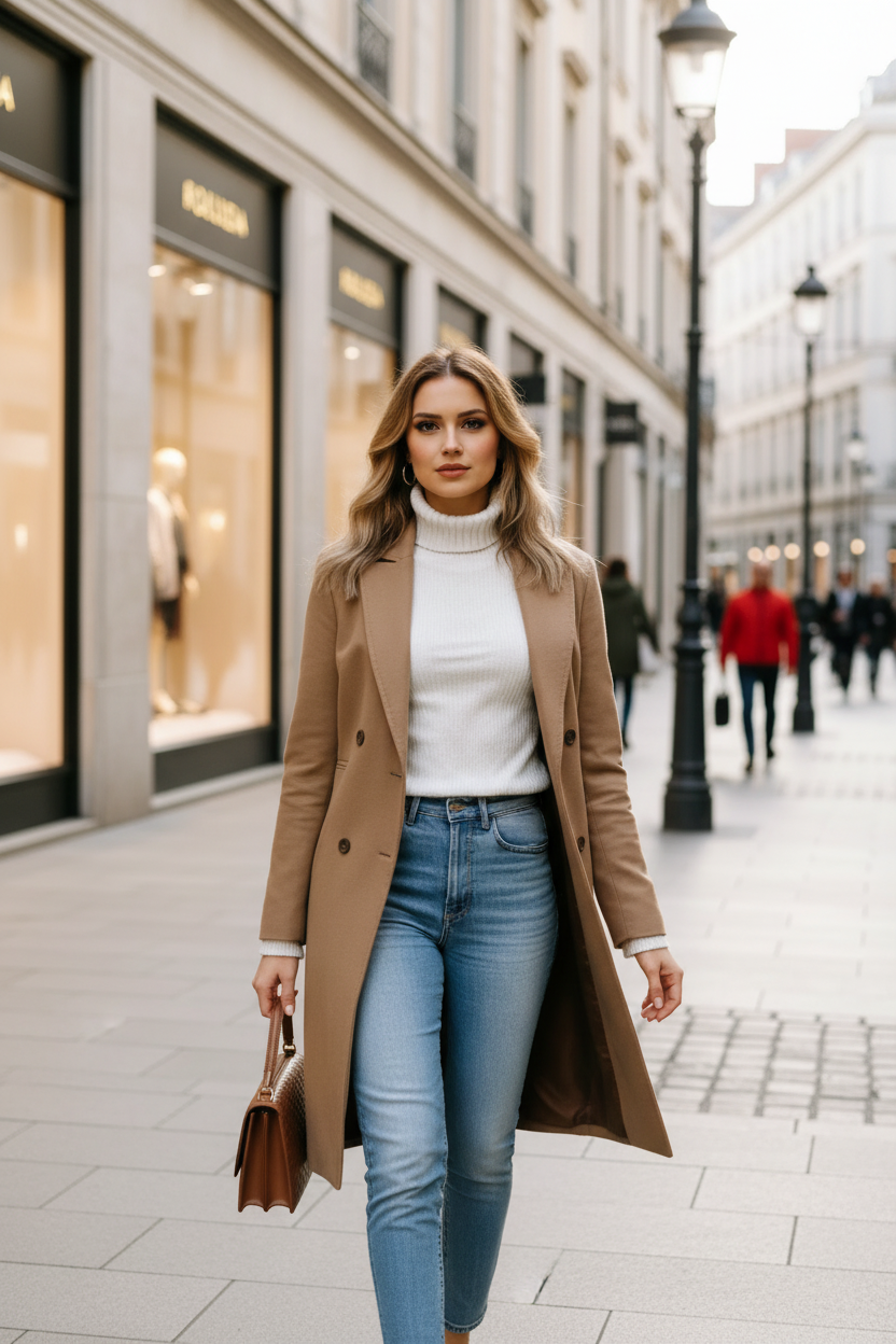 Mulher europeia usando casaco camel em área de compras