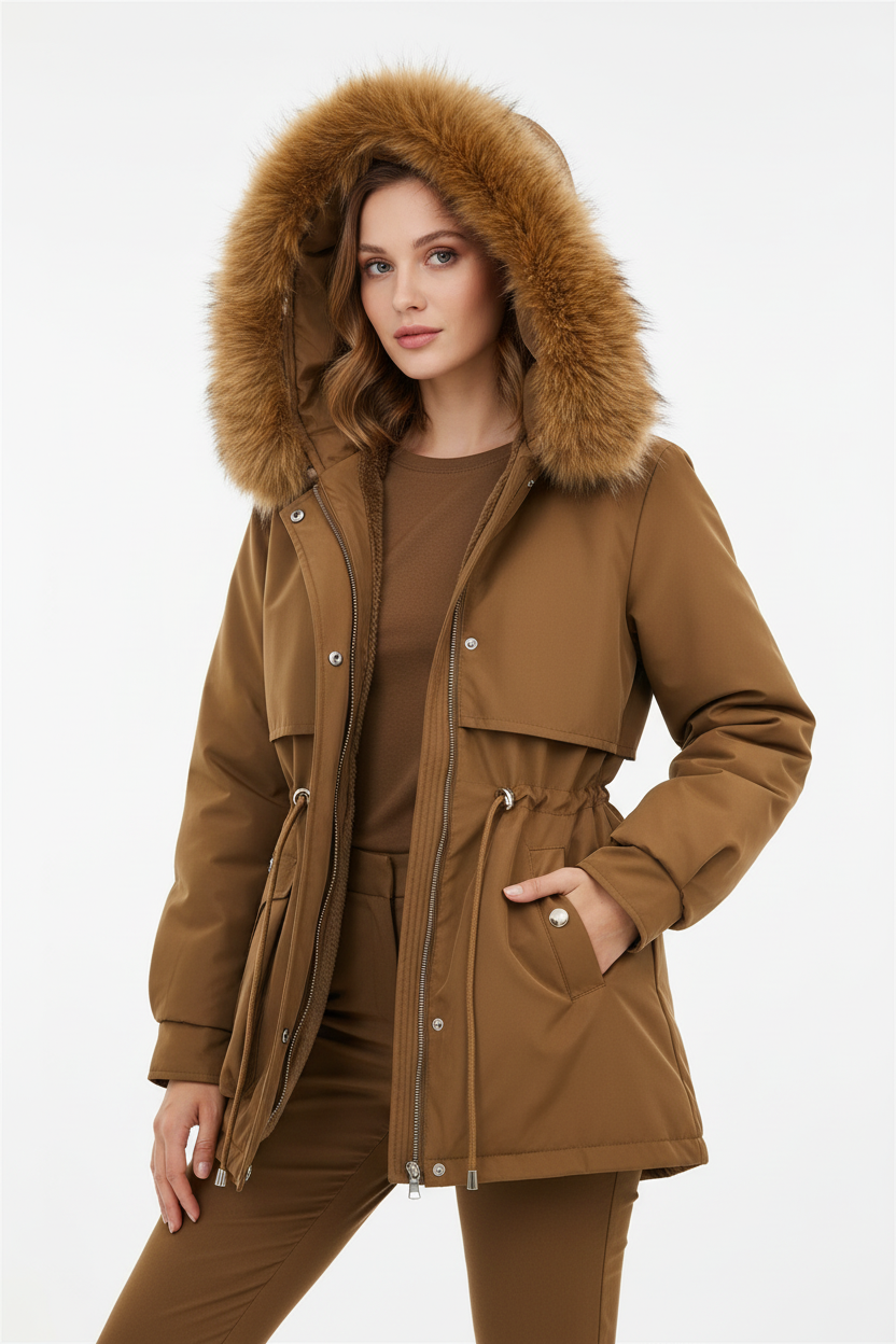 Mulher europeia usando casaco marrom em estúdio fotográfico