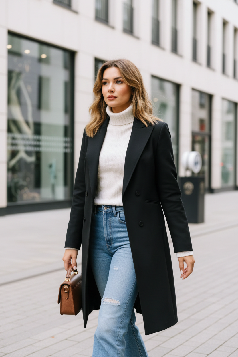 Mulher europeia usando casaco preto em cidade moderna