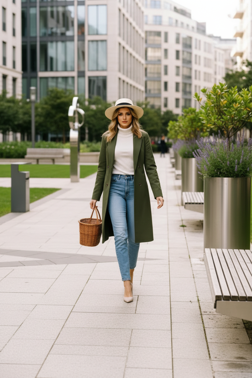 Mulher europeia usando casaco verde militar em área urbana