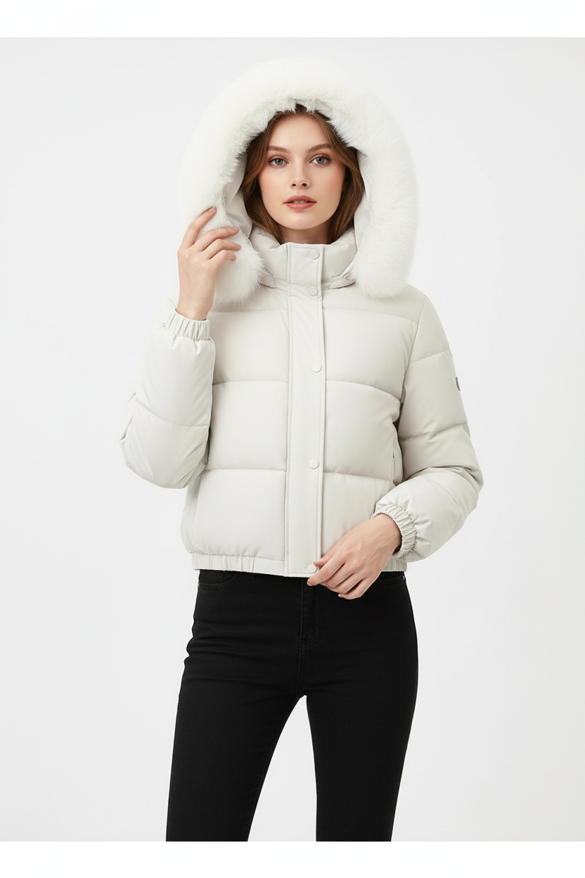 Mulher europeia usando jaqueta puffer branca em estúdio fotográfico