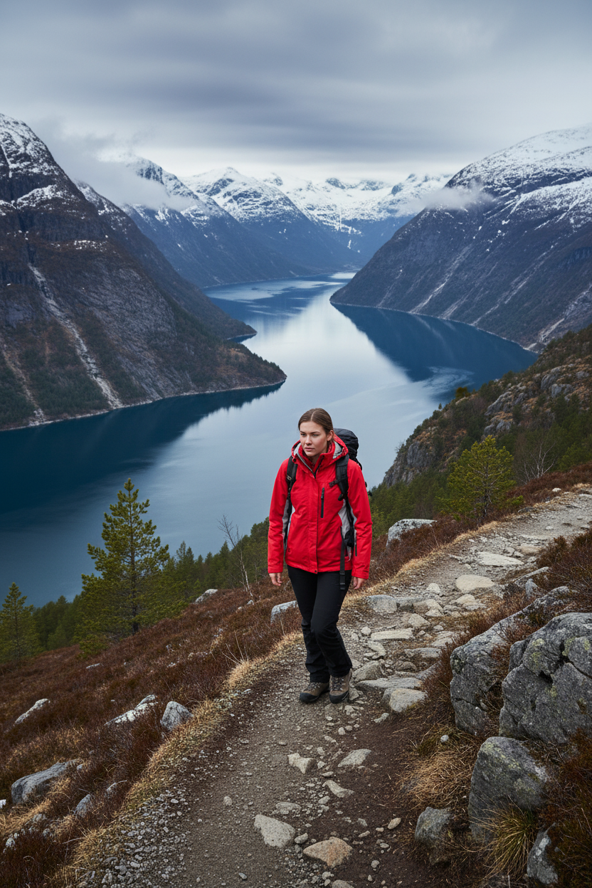 Mulher nos fiordes da Noruega