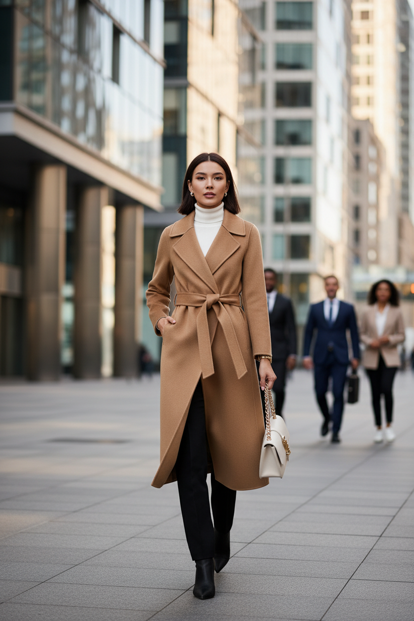 Mulher usando casaco camel com cinto em ambiente profissional