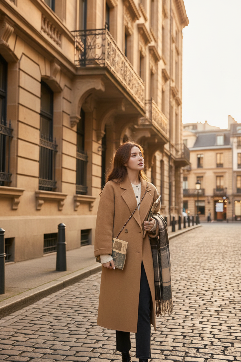 Mulher usando casaco camel em cenário europeu histórico