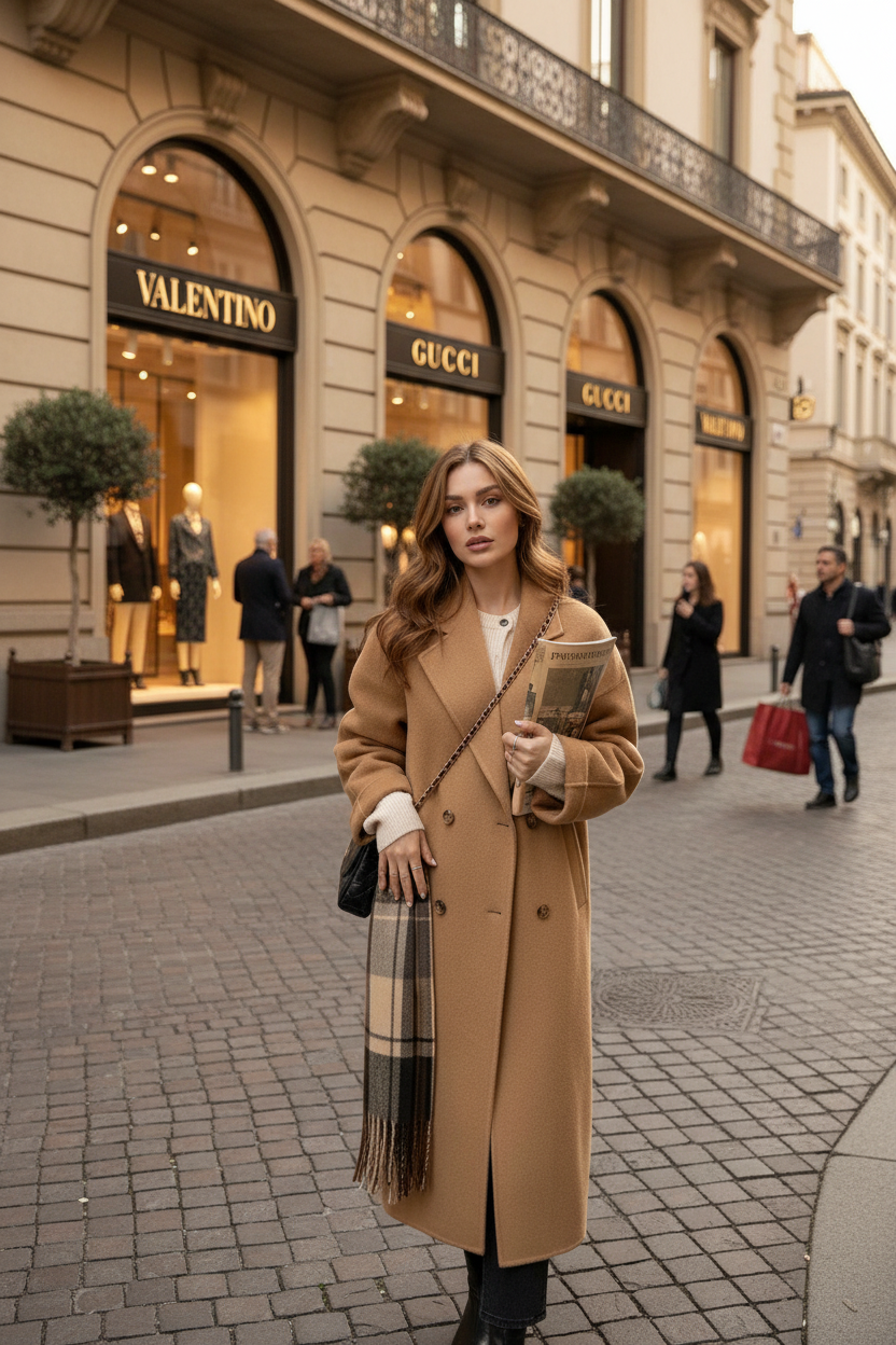 Mulher usando casaco camel em distrito de luxo