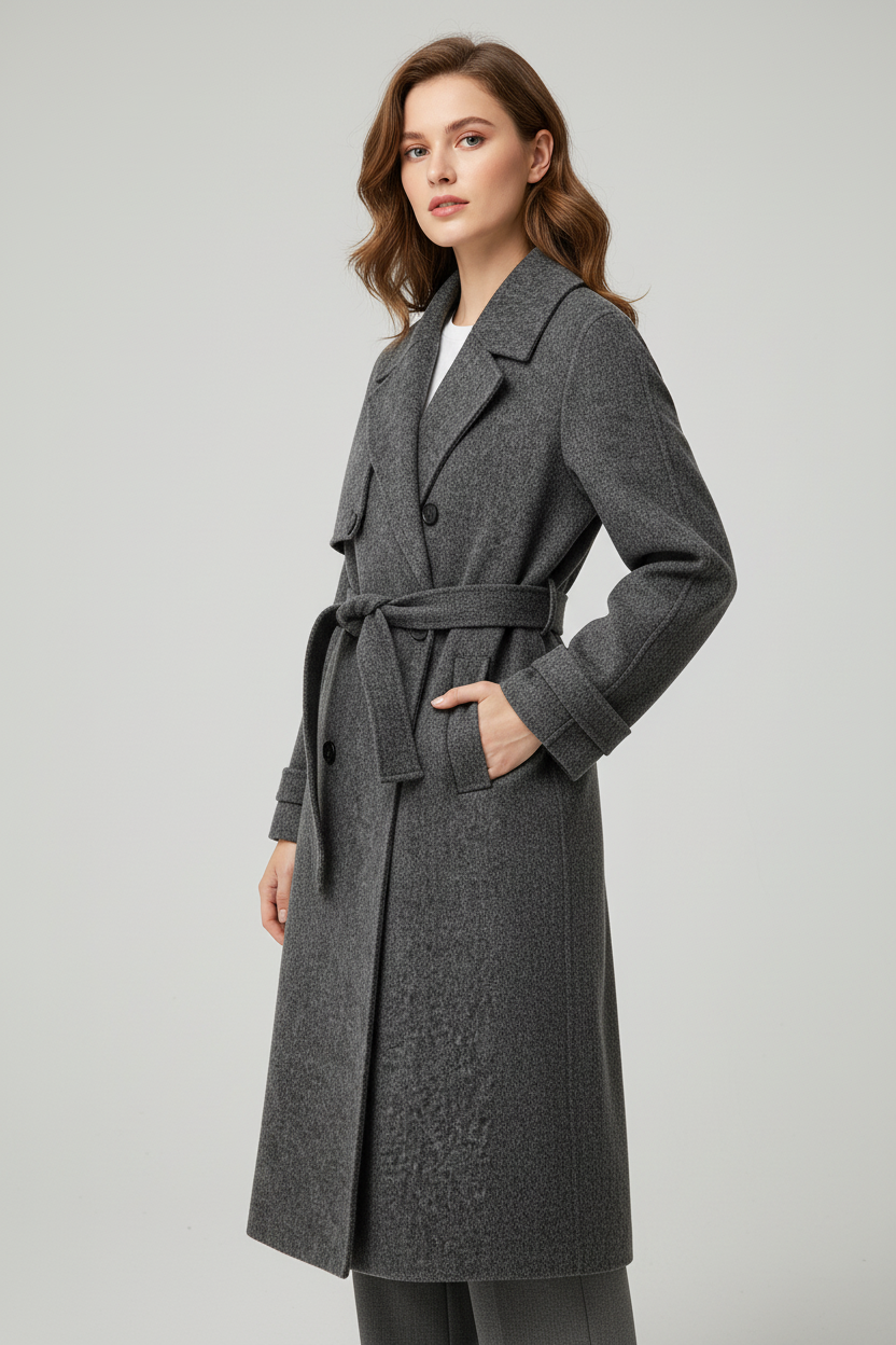 Mulher usando casaco em estúdio fotográfico