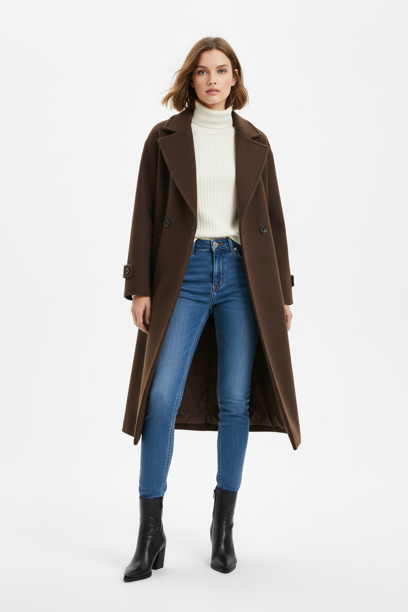 Mulher usando casaco marrom chocolate em estúdio