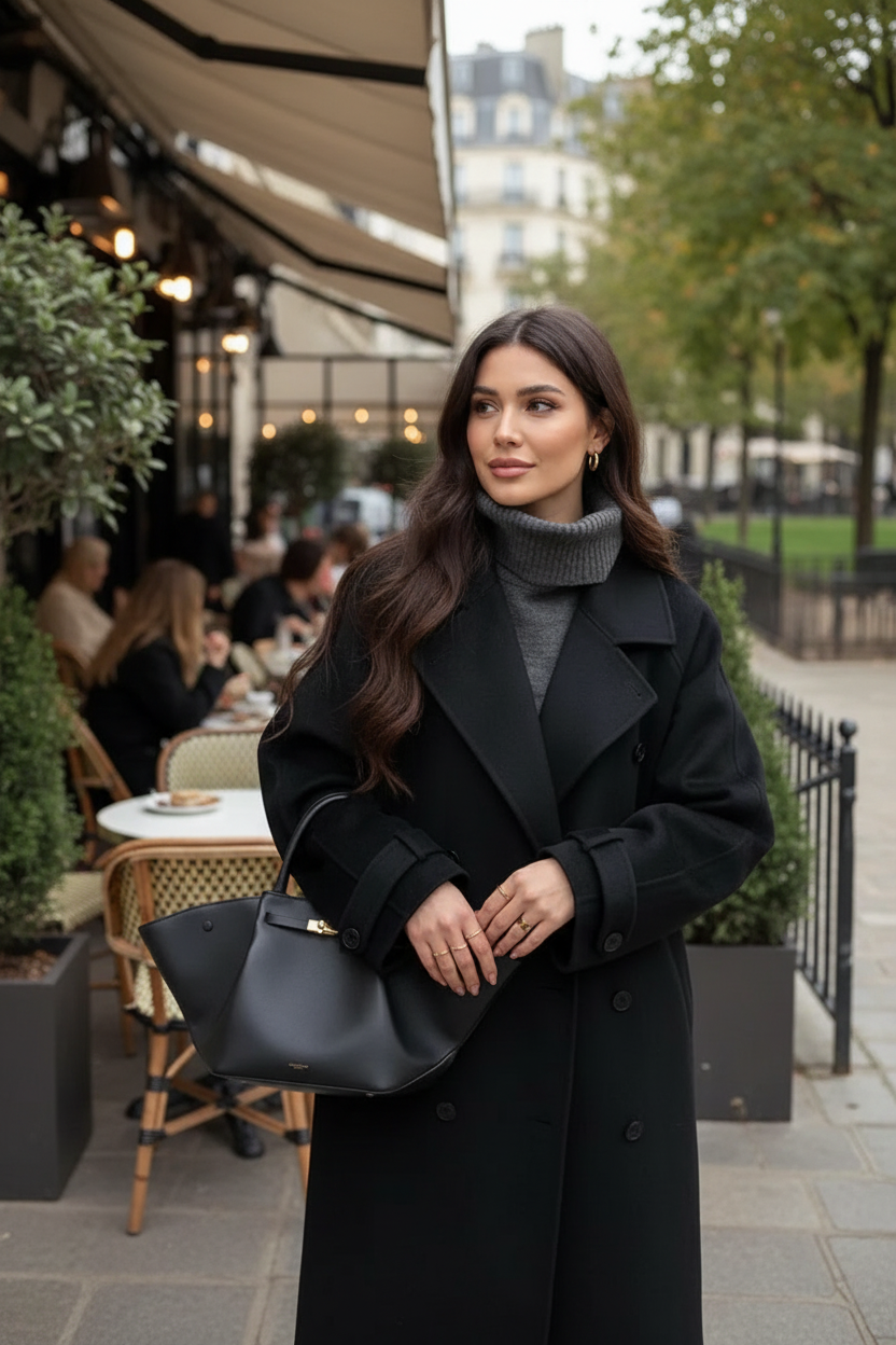 Mulher usando casaco preto em ambiente casual