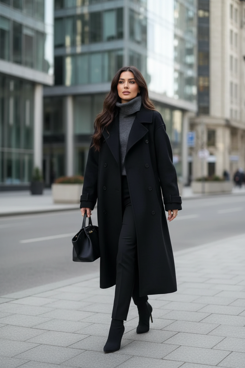 Mulher usando casaco preto na cidade