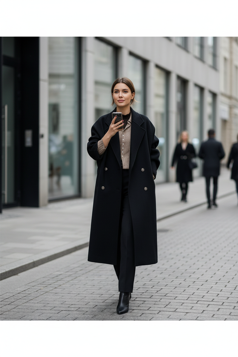 Mulher usando casaco preto oversized em cidade escandinava