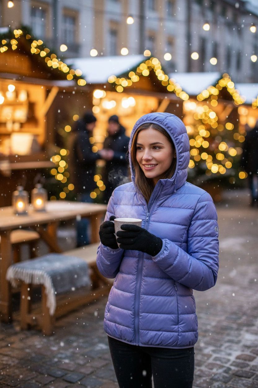 Mulher usando jaqueta roxa em café ao ar livre