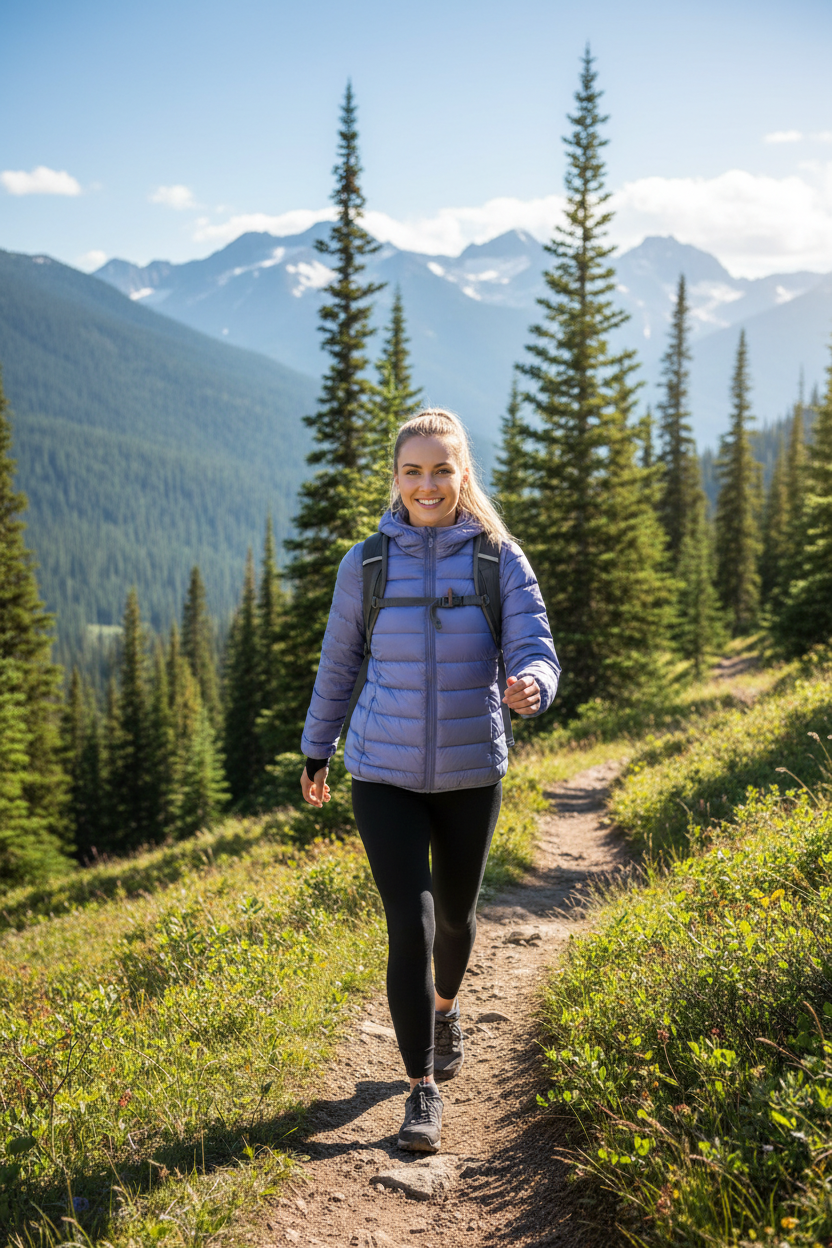 Mulher usando jaqueta roxa em trilha
