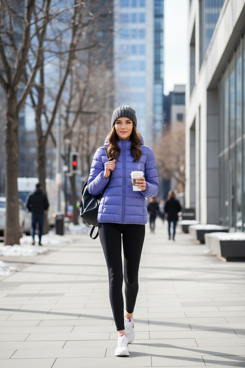 Mulher usando jaqueta roxa na cidade