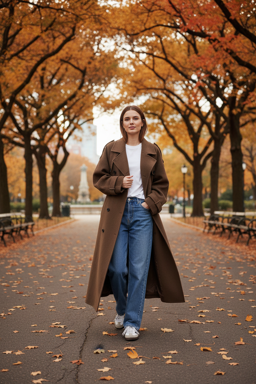 Mulher usando trench coat marrom em parque