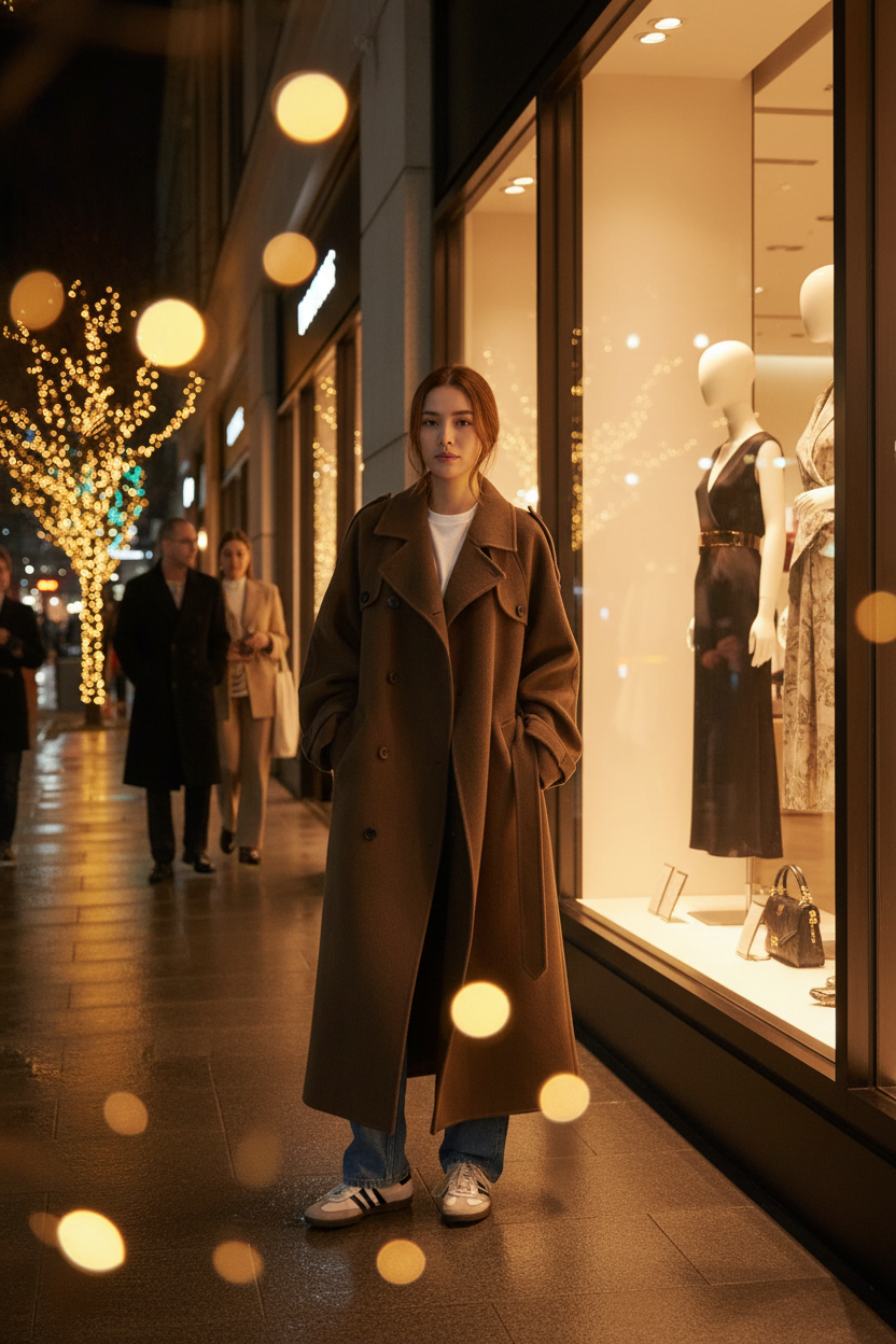 Mulher usando trench coat marrom em área de compras