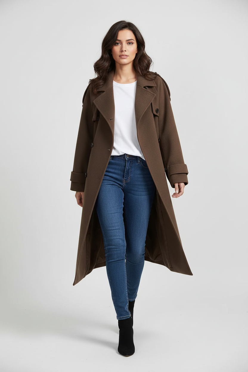 Nova modelo com casaco marrom - corpo inteiro