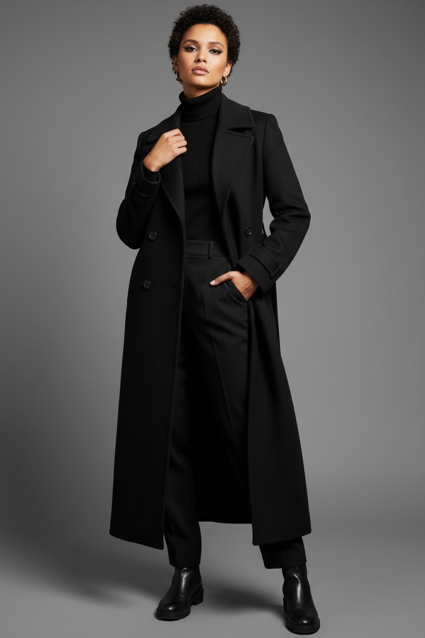 Outra modelo usando casaco preto em estúdio