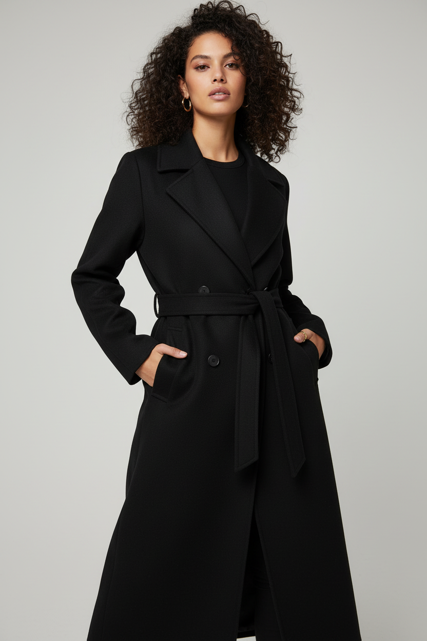 Outra modelo usando casaco preto em estúdio