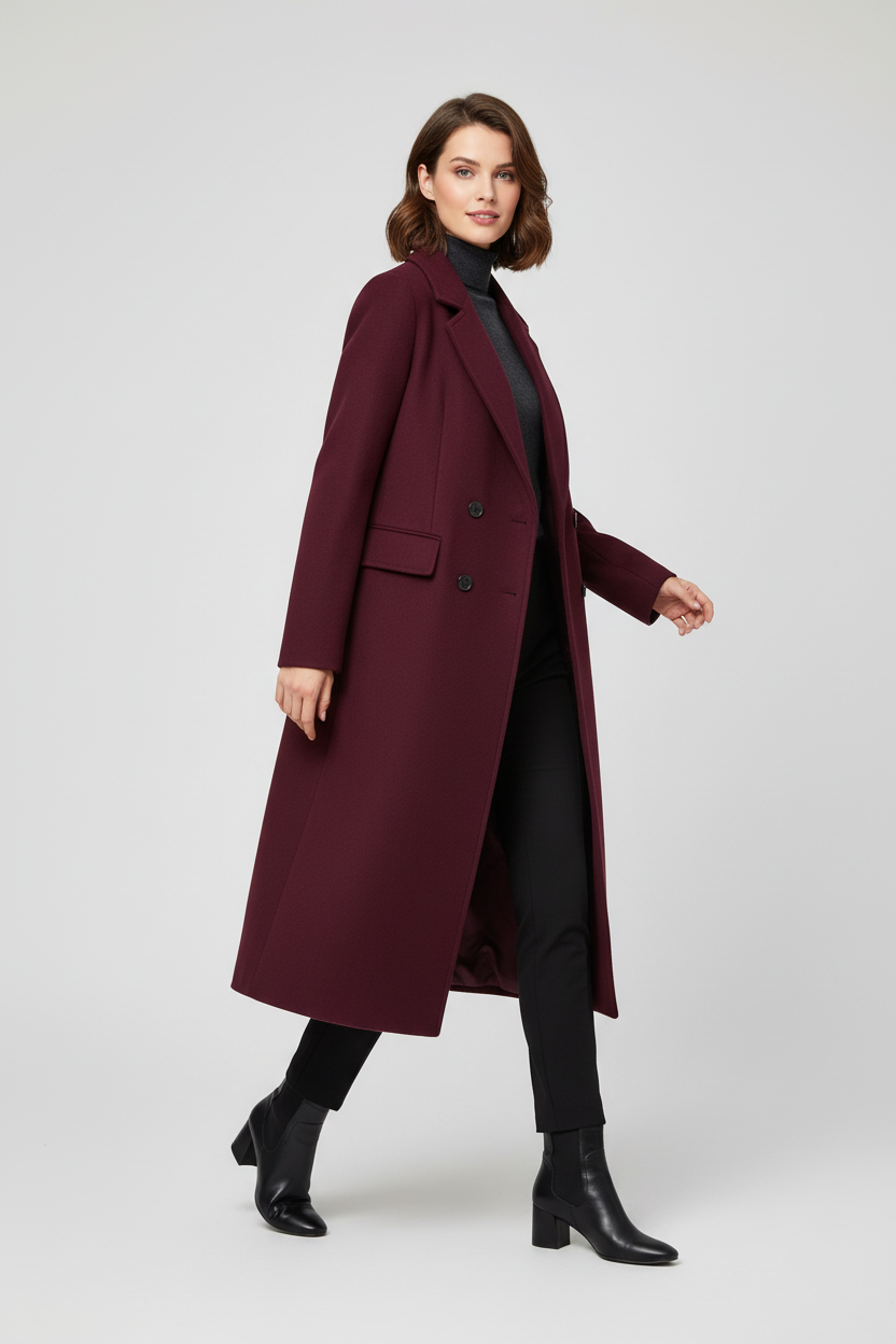 Vista três quartos do casaco vinho