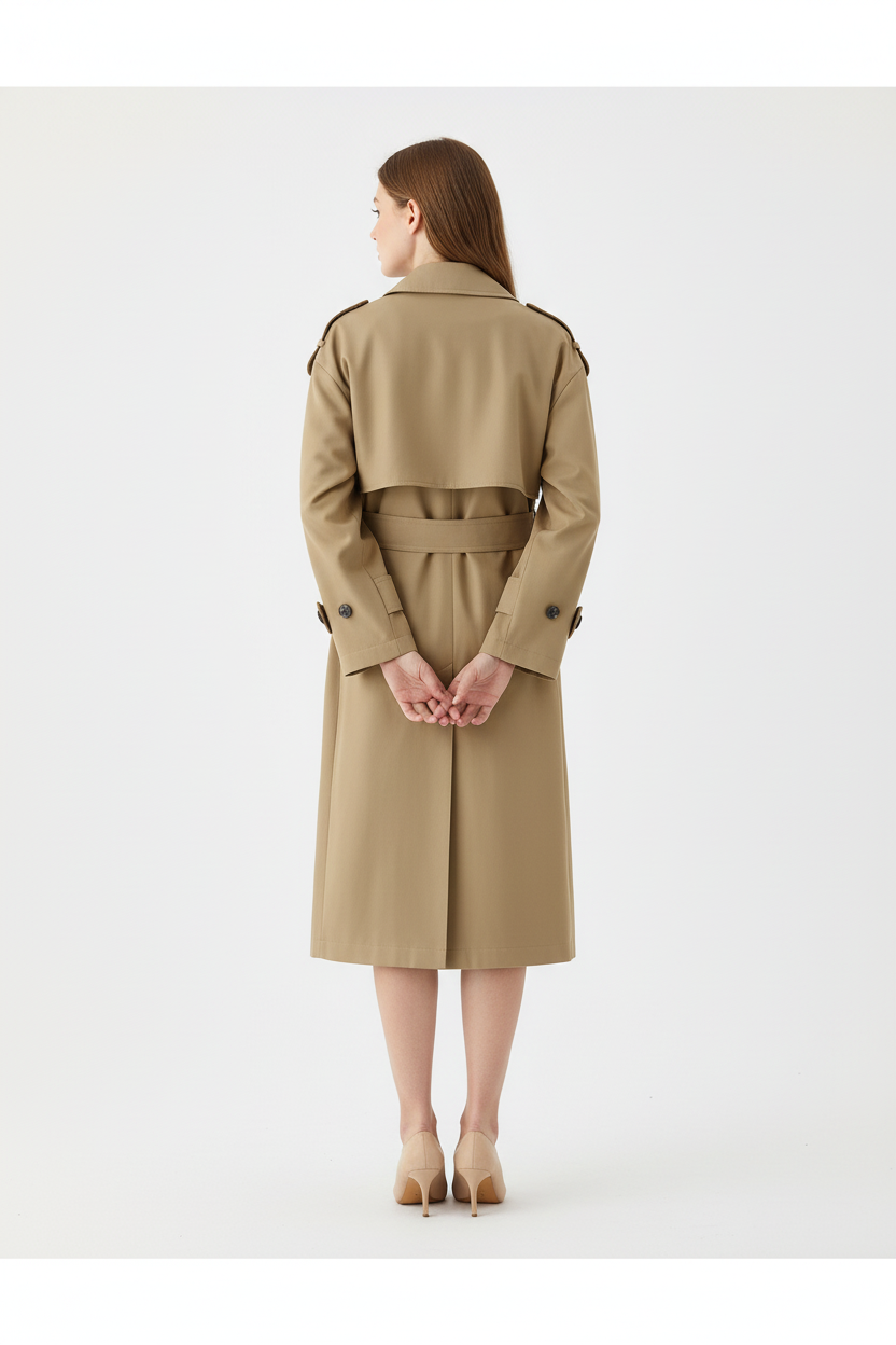 Vista traseira - casaco bege com detalhe do cinto